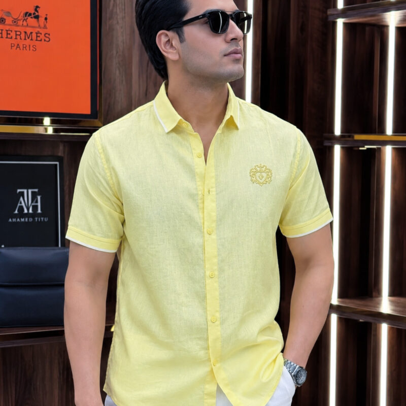 Linen Rimi Rib Style Half Shirt – Pastel Yellow